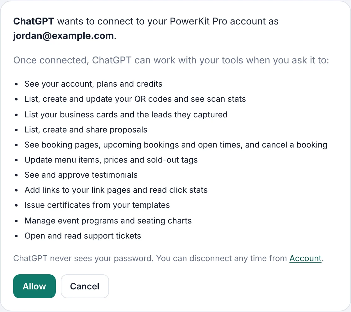 PowerKit Pro approval page: ChatGPT wants to connect to your account, with Allow and Cancel buttons