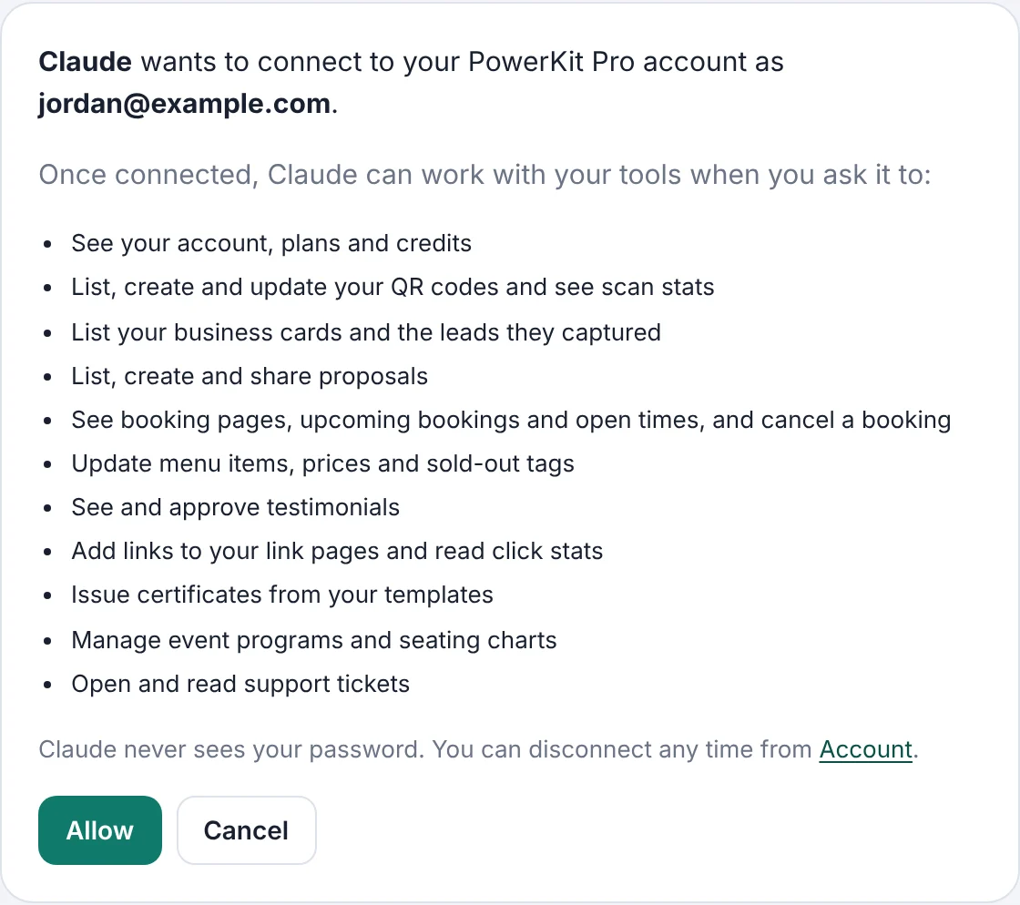 PowerKit Pro approval page: Claude wants to connect to your account, with Allow and Cancel buttons