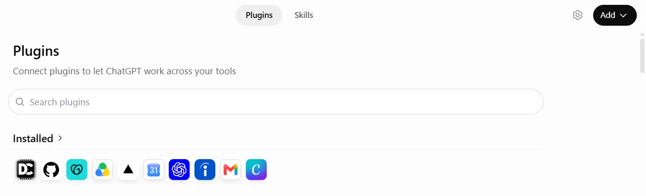 ChatGPT Plugins page with the Add button in the top right