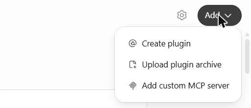 The Add menu open, showing Add custom MCP server