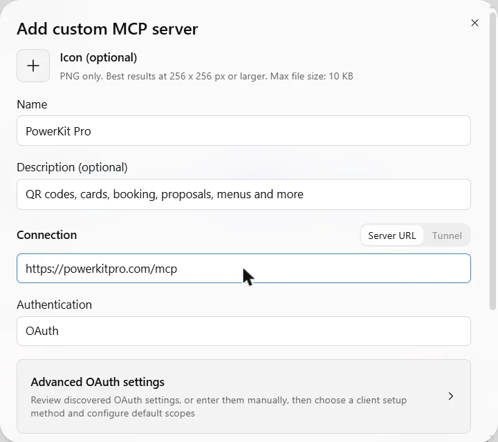 The Add custom MCP server form filled in with PowerKit Pro and https://powerkitpro.com/mcp