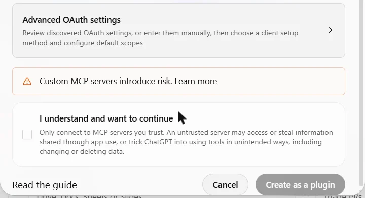 Bottom of the form with the I understand checkbox and the Create as a plugin button