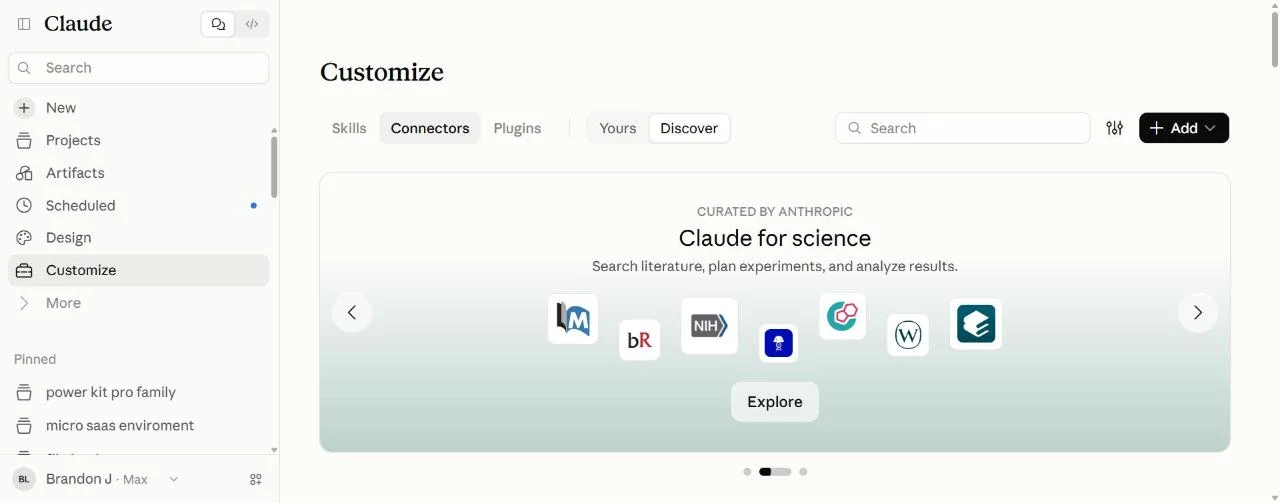 Claude Customize page with Customize in the sidebar, the Connectors tab and the Add button in the top right