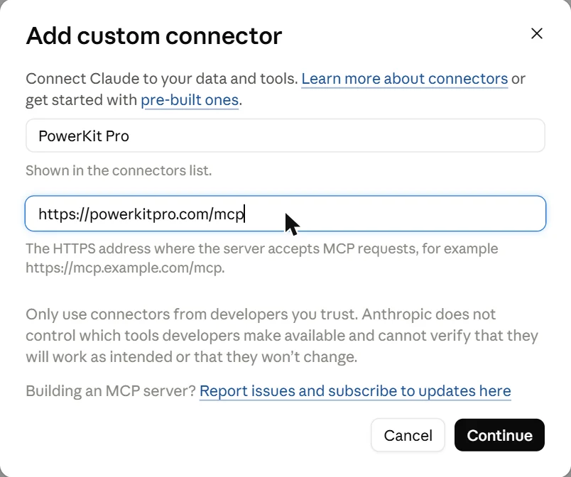 The Add custom connector dialog filled in with PowerKit Pro and https://powerkitpro.com/mcp